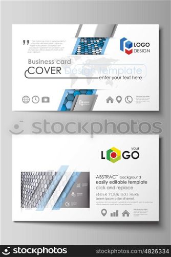 Business card templates. Easy editable layout, abstract vector design template. Blue and gray color hexagons in perspective. Abstract polygonal style modern background.