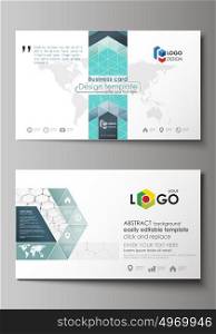 Business card templates. Easy editable layout, abstract vector design template. Chemistry pattern, hexagonal molecule structure on blue. Medicine, science and technology concept.. Business card templates. Easy editable layout, abstract vector design template. Chemistry pattern, hexagonal molecule structure on blue. Medicine, science and technology concept