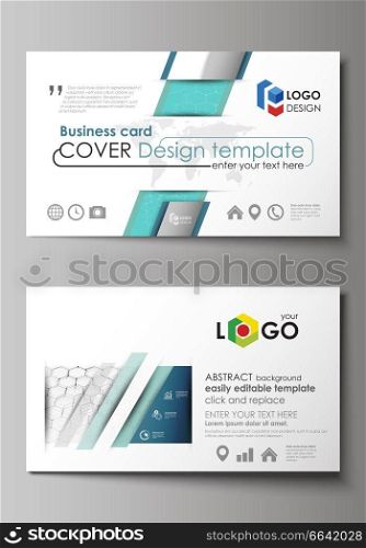 Business card templates. Easy editable layout, abstract vector design template. Chemistry pattern, hexagonal molecule structure on blue. Medicine, science and technology concept. Business card templates. Easy editable layout, abstract vector design template. Chemistry pattern, hexagonal molecule structure on blue. Medicine, science and technology concept.