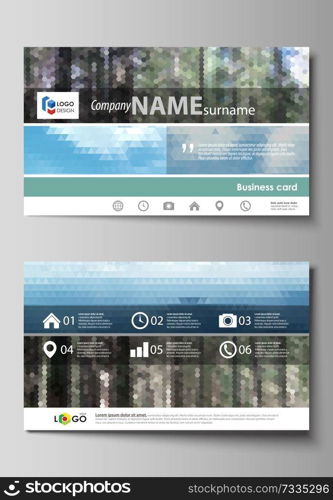 Business card templates. Easy editable layout, abstract vector design template. Colorful background made of triangular or hexagonal texture for travel business, natural landscape in polygonal style.. Business card templates. Easy editable layout, abstract vector design template. Colorful background made of triangular or hexagonal texture, natural landscape in polygonal style.