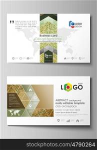 Business card templates. Easy editable layout, abstract vector design template. Abstract green color wooden design. Wood texture with leaves. Spa concept natural pattern in linear style.