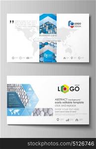 Business card templates. Easy editable layout, vector template. Blue and gray color hexagons in perspective. Abstract polygonal style modern background.. Business card templates. Easy editable layout, abstract vector design template. Blue and gray color hexagons in perspective. Abstract polygonal style modern background.
