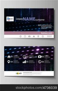 Business card templates, layouts. Abstract colorful neon dots, dotted technology background. Glowing particles, led light pattern, futuristic texture, digital vector design.. Business card templates. Easy editable layout, abstract vector design template. Abstract colorful neon dots, dotted technology background. Glowing particles, led light pattern, futuristic texture, digital vector design.