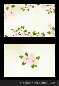 Business card vector template with Cherry flower blossom branch, peach bloom, sakura branch with bokeh. Business card vector template
