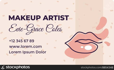 Business card with contact info, name of professional and phone number. Makeup artist, specialist care for women. Beauty routine and cosmetics variety, visage and beautification. Vector in flat style. Makeup artist, business card with contact info