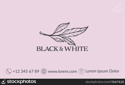 Business card with floral design, foliage ornament and personal information with phone number, site and location. Artistic feminine decoration. Monochrome sketch outline, vector in flat style. Black and white business card with information