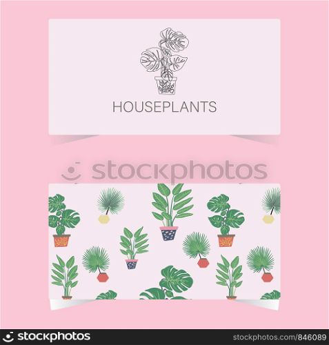 Business card with houseplants tropical leaves and outline icon Philodendron plant. Tropical leaves on background. Postcard, banner, app design. . Business card with houseplants tropical leaves and outline icon Philodendron plant.