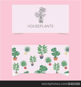 Business card with houseplants tropical leaves and outline icon Philodendron plant. Tropical leaves on background. Postcard, banner, app design. . Business card with houseplants tropical leaves and outline icon Philodendron plant.