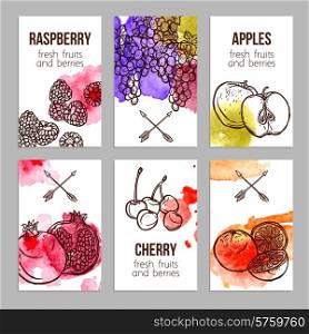 Business cards set with fresh watercolor fruits and berries isolated vector illustration. Cards With Fruits