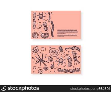 Business cards with bacterias cells. Microorganism collection. Vector doodle style composition.
