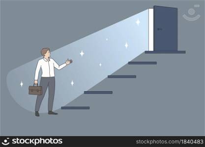 Business career and development concept. Young businessman worker standing near ladder with open door on top and better future with success vector illustration . Business career and development concept.