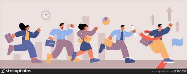 Business career competition with people race. Vector flat illustration of employee challenge, contest, compete with workers with briefcases run to finish line with red flag and one person win. Business career competition with people race