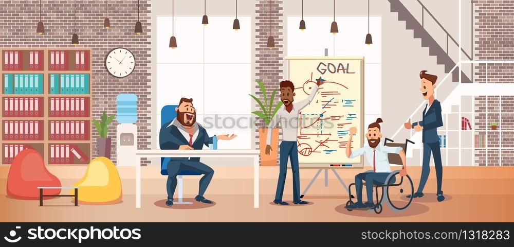 Business Career for Disabled People, Equal Right to Work of Persons with Disabilities Trendy Flat Vector Concept with Man in Wheelchair Taking Part in Business Team Meeting in Office Illustration