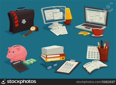 Business Cartoon Icons Set. Business cartoon icons set with elements of workplace isolated vector illustration