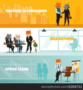 Business Cat Horizontal Banner Set. Three colored business cat horizontal banner set with the deal is concluded brainstorm and office clerk headlines vector illustration