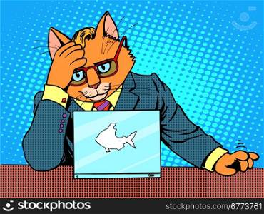 Business cat works for a laptop. The businessman in the form of the character of the animal. The business concept and technology office pop art retro style. Business cat works for a laptop