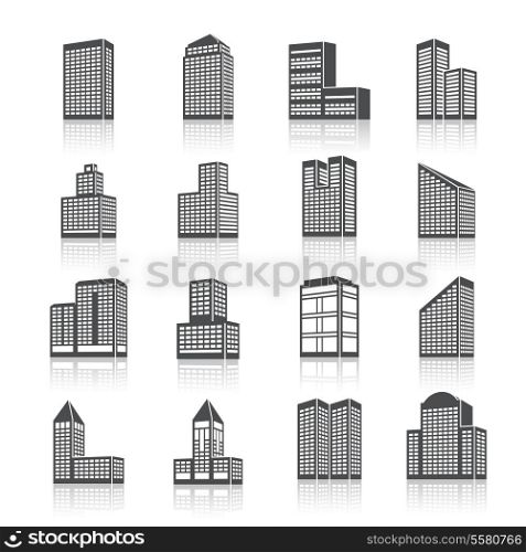 Business center city edifice buildings black silhouettes on white pictograms icons set isolated vector illustration