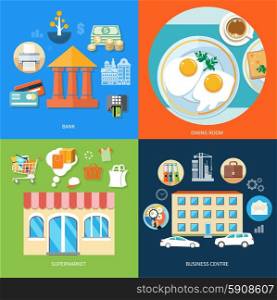 Business center with item icons. Bank office symbol with ATM dollars tree and cards icon. Dining room. Breakfast top view. Coffee, fried egg, waffles. Supermarket general store in flat design