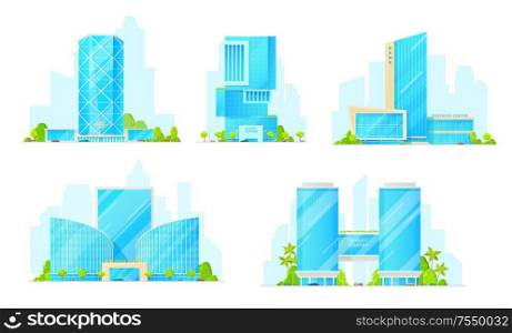 Business centers isolated multi-storey buildings. Vector modern skyscrapers, facades of shopping malls, exterior design with trees and parking zone. Fashionable offices, real estate constructions. Facades of business centers and shopping malls