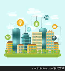 Business centre and residential downtown city area buildings computer wireless internet connection range concept abstract vector illustration