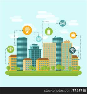Business centre and residential downtown city area buildings computer wireless internet connection range concept abstract vector illustration
