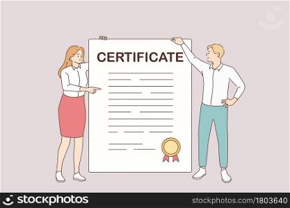 Business certificate and development concept. Young smiling partners woman and man cartoon characters standing holding huge certificate with official stamp in hands vector illustration . Business certificate and development concept.