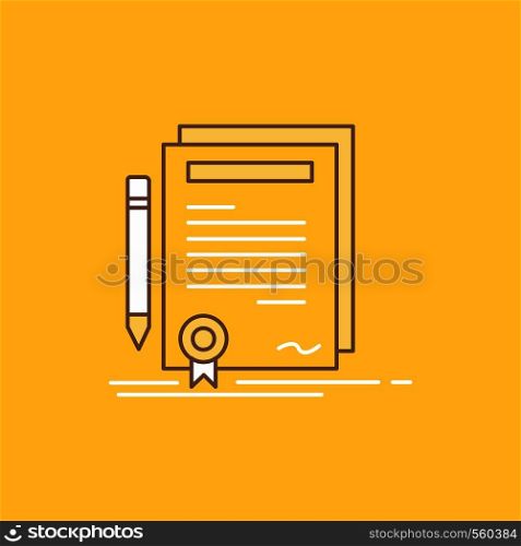 Business, certificate, contract, degree, document Flat Line Filled Icon. Beautiful Logo button over yellow background for UI and UX, website or mobile application. Vector EPS10 Abstract Template background