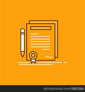 Business, certificate, contract, degree, document Flat Line Filled Icon. Beautiful Logo button over yellow background for UI and UX, website or mobile application. Vector EPS10 Abstract Template background