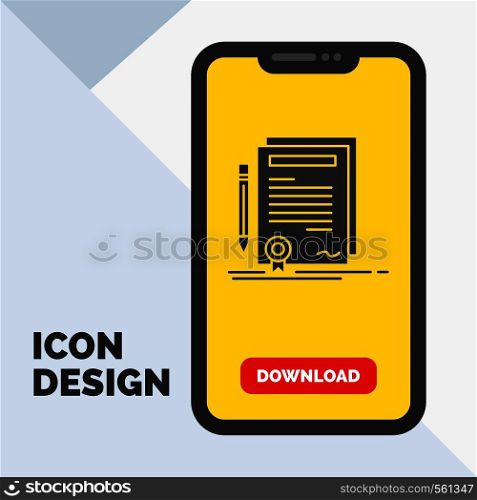 Business, certificate, contract, degree, document Glyph Icon in Mobile for Download Page. Yellow Background. Vector EPS10 Abstract Template background