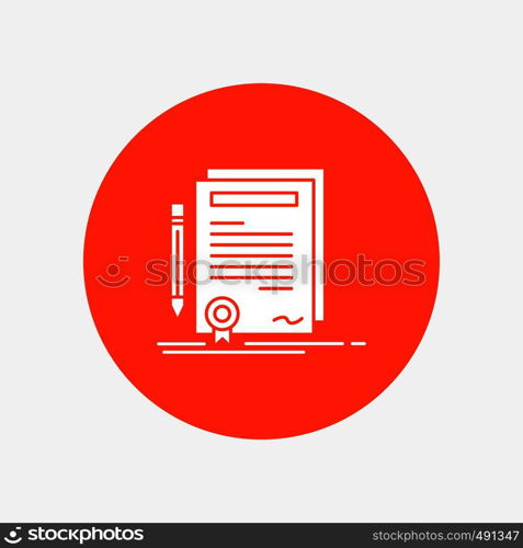 Business, certificate, contract, degree, document White Glyph Icon in Circle. Vector Button illustration. Vector EPS10 Abstract Template background