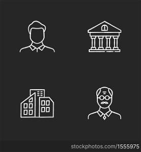 Business chalk white icons set on black background. Man avatar. Middle age businessman. Private property. Office buildings. Older corporate employee. Isolated vector chalkboard illustrations. Business chalk white icons set on black background