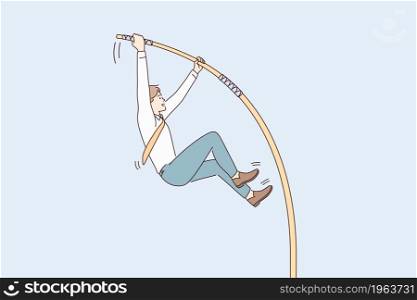 Business challenge and confidence concept. Young smiling businessman cartoon character jumping with stick to achieve goal vector illustration . Business challenge and confidence concept