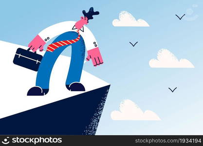 Business challenge and danger concept. Young businessman wearing suit and tie cartoon character standing on edge of abyss with danger and risks vector illustration . Business challenge and danger concept.