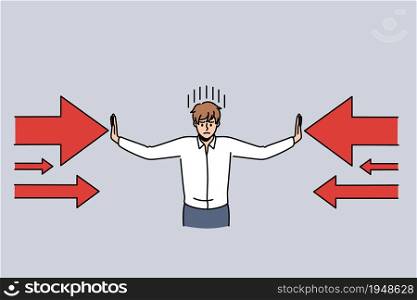 Business challenge and pressure concept. Young determined businessman cartoon character standing and defending himself from pressure both sides vector illustration. Business challenge and pressure concept.