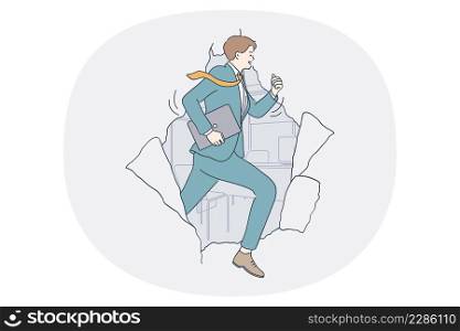 Business challenge and success concept. Young determined positive confident businessman running from torn paper achieving goals vector illustration . Business challenge and success concept.