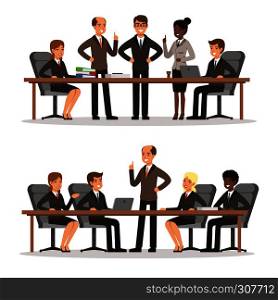 Business character at the table in conference hall. Man and woman in rich costume. Vector illustrations set of business conference and briefing with workgroup. Business character at the table in conference hall. Man and woman in rich costume. Vector illustrations set