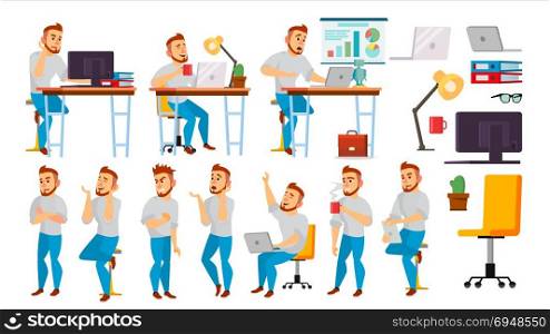Business Character Vector. Working People Set. Environment Process. Office, Creative Studio. Full Length. Programmer, Designer, Manager. Different Poses, Face Emotions. Cartoon Character Illustration. Business Character Vector. Working Male. Environment Process In Office. Full Length. Programmer, Manager. Isolated Flat Cartoon Character Illustration