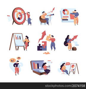 Business characters. Abstract metaphores with business persons dialogues people planning marketing goals making decision solving problems perfect strategy garish vector illustration. Business characters. Abstract metaphores with business persons dialogues people planning marketing goals making decision solving