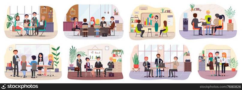 Business characters in meeting room working at their workplaces flat design. Debate group people in modern office. Brainstorming conference. Team do presentation in meeting room. Business consulting. Business characters in meeting room working at their workplaces. Team do presentation in meeting room