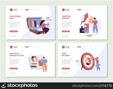 Business characters landing. People planning investment projects person talking about money teamwork solving problems garish vector template of web page. Illustration business character planning. Business characters landing. People planning investment projects person talking about money teamwork solving problems garish vector template of web page