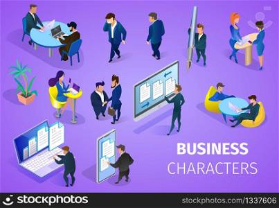 Business Characters Set Isolated on Purple Background. Business Men and Women in Formal Costumes Shaking Hands, Signing Documents, Discussing Project, Working. 3D Isometric Cartoon Vector Illustration. Business Characters Set on Purple Background.