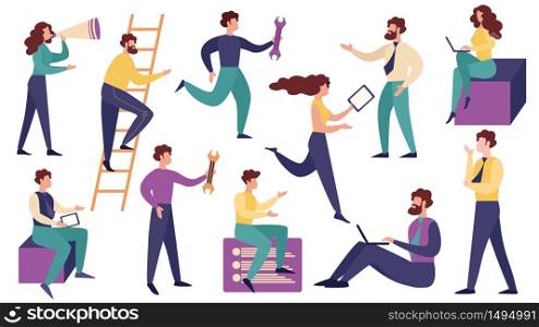Business Characters Set Isolated on White Background. Men and Women Office Employees Working on Laptop, Technical Support, App Development, Megaphone Announce, Report. Cartoon Flat Vector Illustration. Business Characters Set Isolated White Background