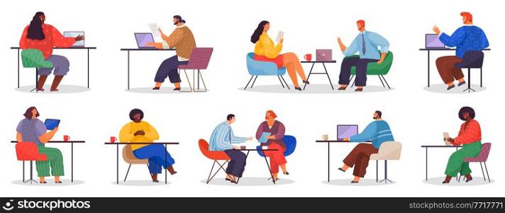 Business characters working in office workplace flat design. Co working people, meeting teamwork, collaboration and discussion, conference table, brainstorm. Businesspeople in coworking office. Business characters working in office workplace flat design. Co working people, meeting teamwork