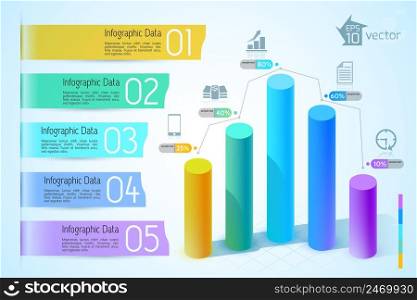 Business chart and graph infographics with colorful 3d columns five steps icons on light background vector illustration. Business Chart And Graph Infographics