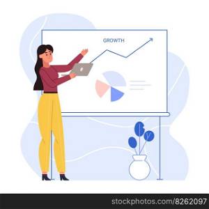 Business chart presentation, development marketing diagram growth. Woman employee demonstrating financial increase on graphic. Manager pointing on white board with progress vector illustration. Business chart presentation, development marketing diagram growth. Woman employee demonstrating financial increase