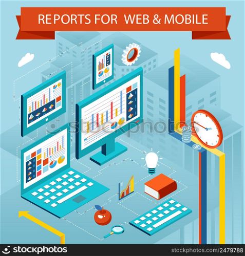 Business charts and reports on web pages and mobile apps. Flat isometric vector graph concept, graphic diagram screen. Business charts and reports on web pages, mobile apps. Flat isometric vector concept