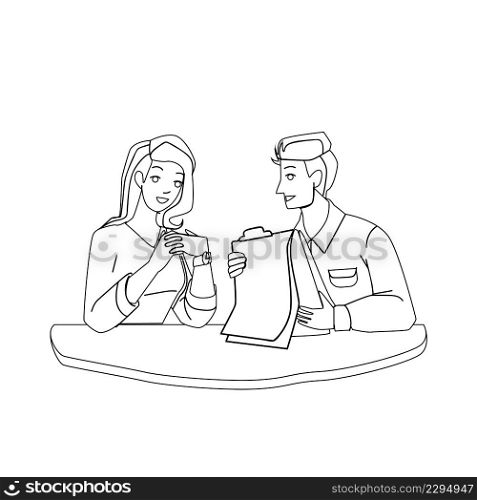 Business Chat Communication Man And Woman Black Line Pencil Drawing Vector. Young Businessman And Businesswoman Business Chat On Meeting Or Conference. Characters Speaking Together Illustration. Business Chat Communication Man And Woman Vector