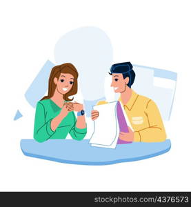 Business Chat Communication Man And Woman Vector. Young Businessman And Businesswoman Business Chat On Meeting Or Conference. Characters Speaking Together Flat Cartoon Illustration. Business Chat Communication Man And Woman Vector