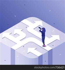 Business choices. Woman career decision, choosing different ways and crossroads of opportunity. Businessman marketing direction, business path choice problem isometric vector concept illustration. Business choices. Woman career decision, choosing different ways and crossroads of opportunity isometric vector concept illustration
