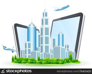 Business City with Two Tablet Computers and Two Airbuses